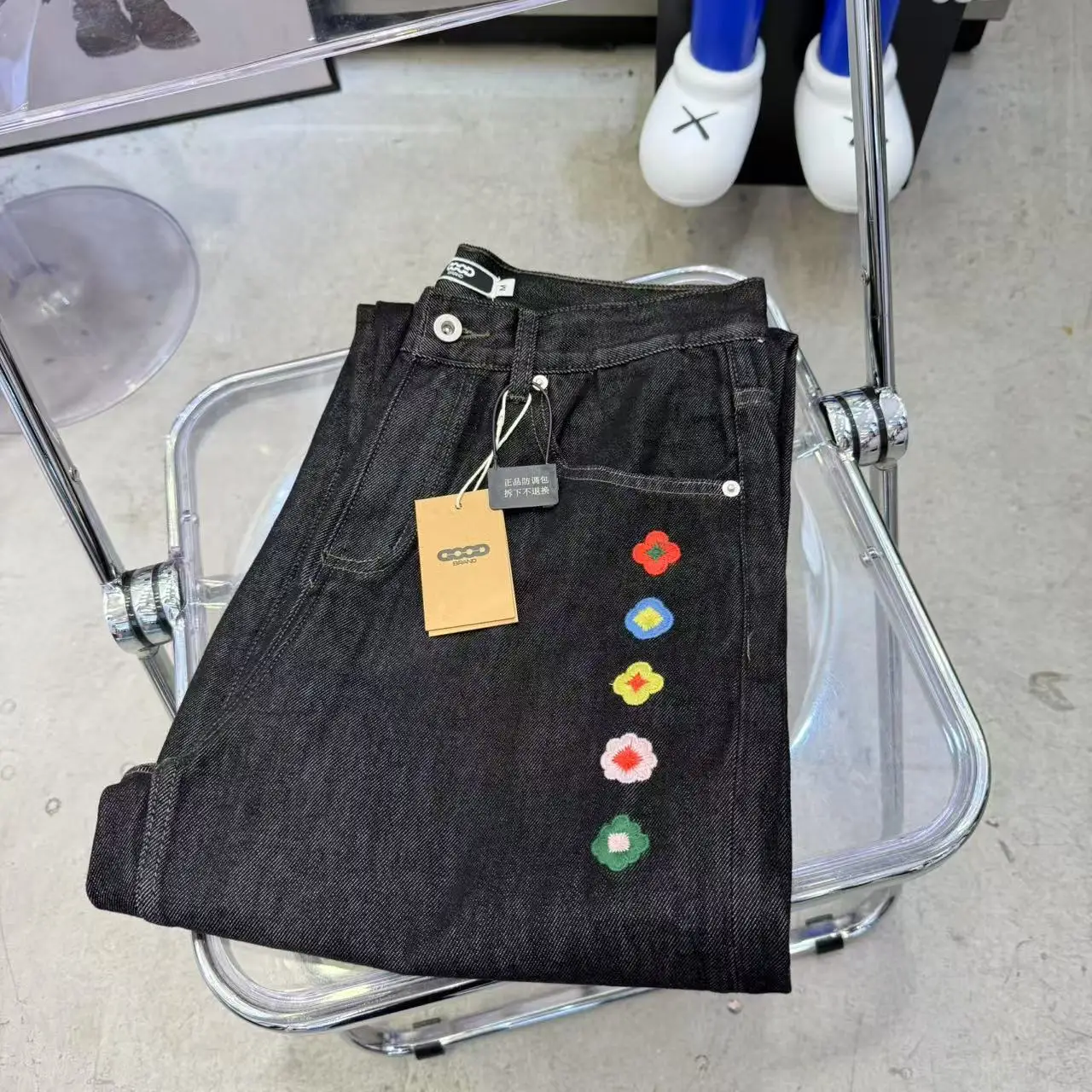 

Fashion Goodbrand Embroidery Pearl Jeans Colorful Patch Flower Pants Men Women High Quality Casual Straight Loose Pants y2k