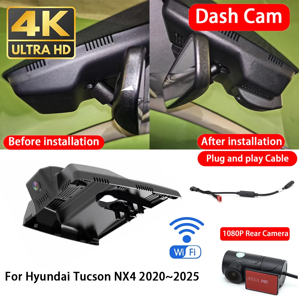 Cámara para Auto Hyundai Tucson NX4 2020~2025, 4K 2160P, Delantera y Trasera, DVR, Wifi, Plug & Play, Grabación en Bucle