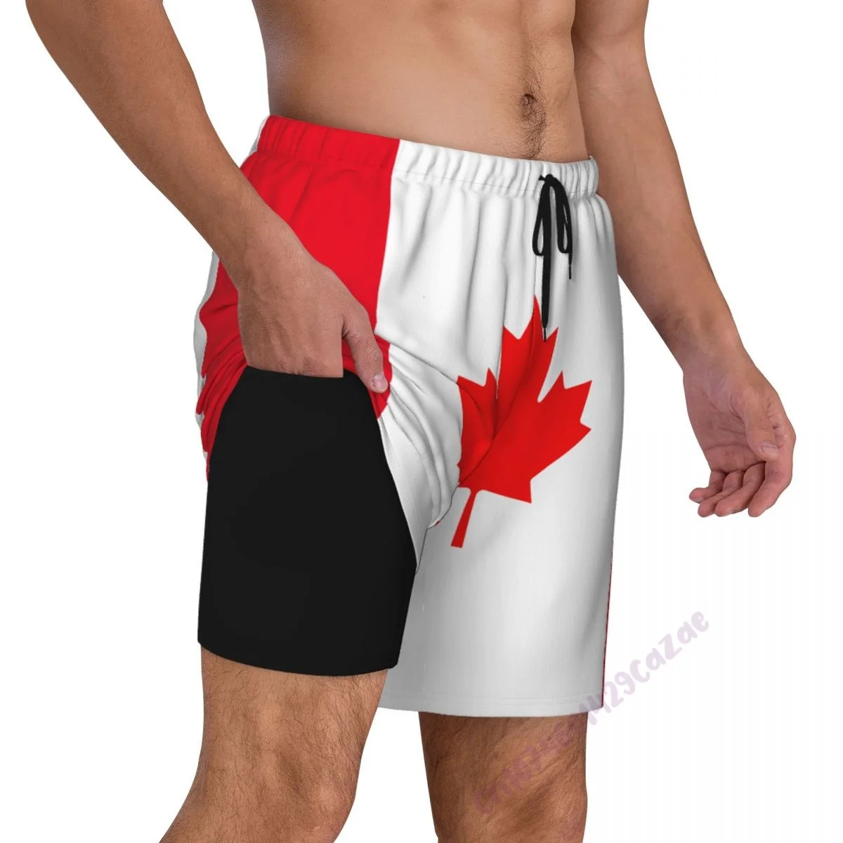 Canada 3D Mens Swimming Trunks With Compression Liner 2 in 1 Quick-Dry Summer Swim Shorts With Pockets