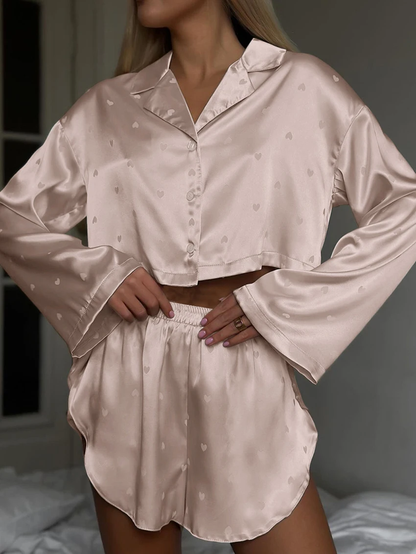 Marthaqiqi Casual Ladies Sleepwear Set Long Sleeve Pajama Crop Top Nightwear Turn-Down Collar Nightgown Shorts Women Nightie Set