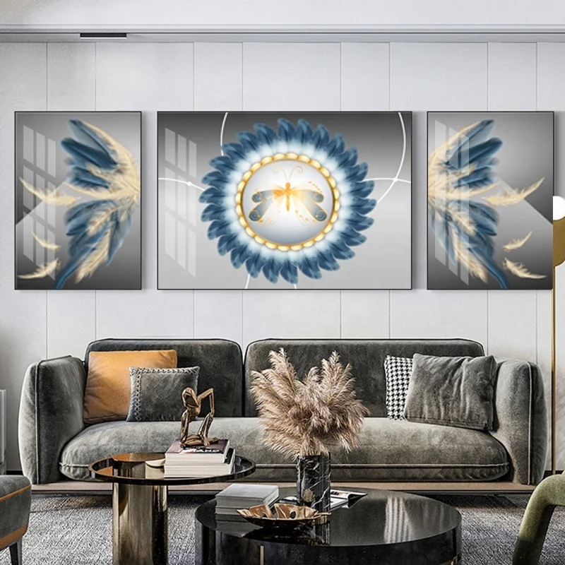 Diamond crystal porcelain painting living room sofa background wall decoration modern minimalist triple abstract light luxury