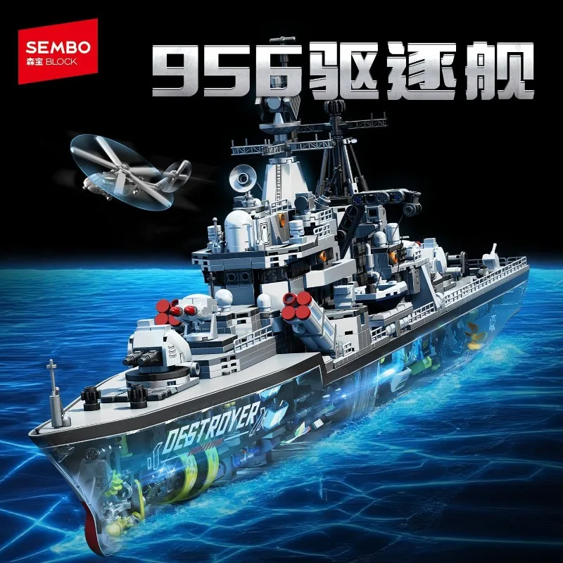 Nuevo SEMBO BLOCK 956, destructor moderno, versión transparente, portaaviones, bloques de construcción militares, juego de ladrillos para regalo para niños