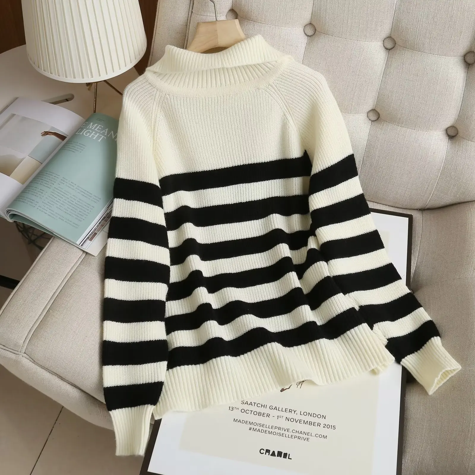 Maxdutti Winter Fashion Zipper Turtleneck Striped Sweaters Women Casual Knitwear Sweaters