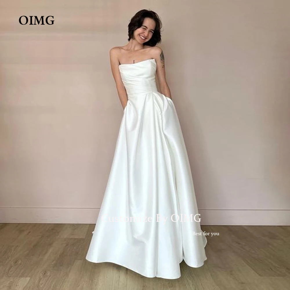 

OIMG Simple A Line Satin Wedding Dresses Strapless Side Split Floor Length Country Bridal Gowns Corset Back vestido de novia