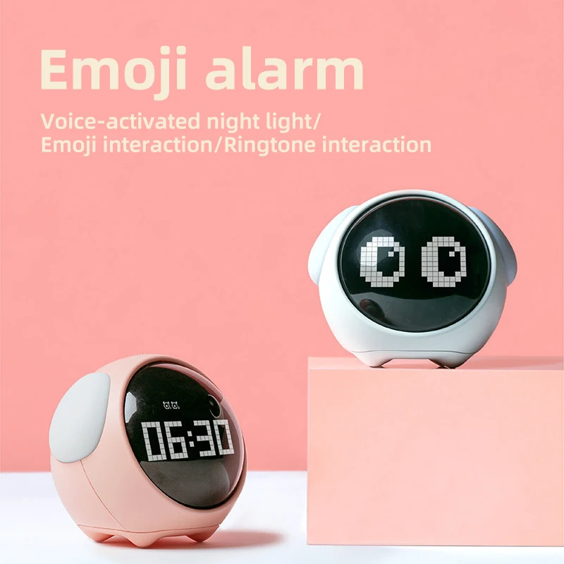 

Cute Expression Alarm Clock Bedside Voice Control Night Light USB Chargeable Child Snooze Alarm Clock Kid Gift Digital LED Clock