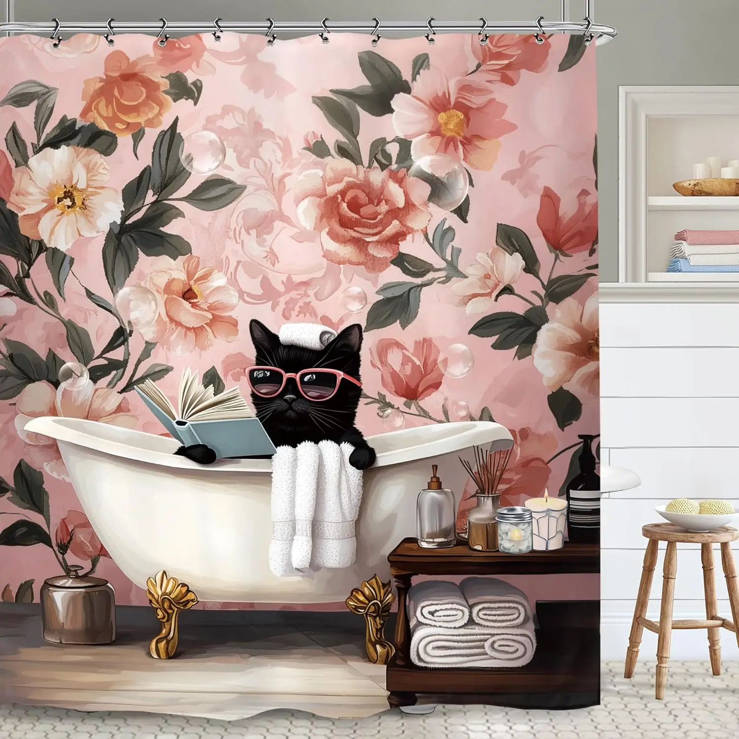 Romantic Floral Print Shower Curtain Pink Peony Bloom Botanical Design Bathroom Decor Liner for Master Spa Bathrooms