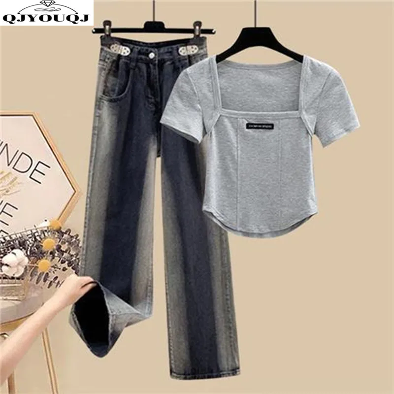 

Large Size Women's Spring/summer Set 2024 New Korean Version Slimming Square Neck Top and Jeans Two-piece Set Trendy