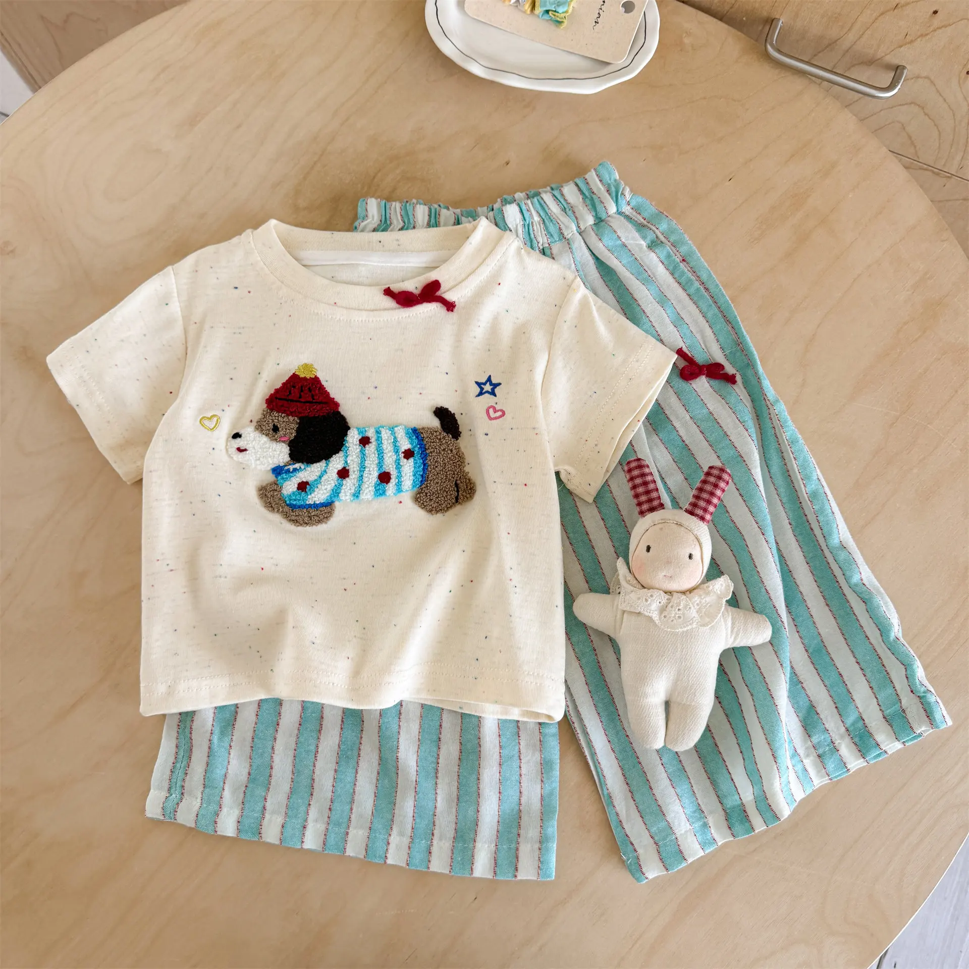 2026 Fashion Girls Baby Summer Clothing Sets Cute DogTops Shirts+stiped Pants,Kids Children Birthday Casual Clothes Conjuntos 5
