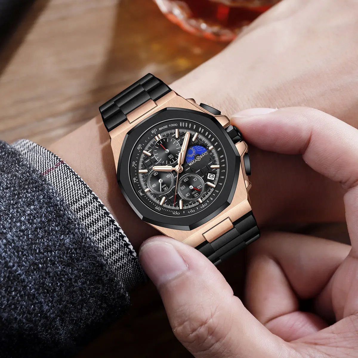 متعددة الوظائف الفاخرة الرجال ساعة موضة الأعمال الفولاذ المقاوم للصدأ حزام 43 مللي متر توقيت الطلب 3ATM مقاوم للماء ساعة رجالية reloj hombre