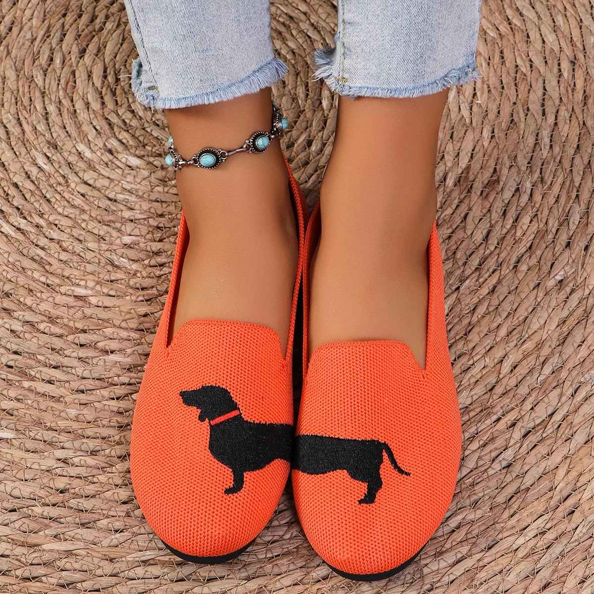 Dog Pattern Round Toe Flats for Women Comfortable Knit Ballet Flat Shoes Casual Slip on Shallow Shoes Office Boat Shoes Size 43