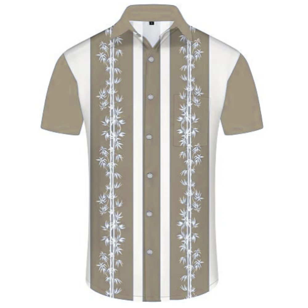 

Men's Hawaiian Comfortable Fashion Bamboo Leaf Short Sleeve Shirt Lapel Tie Pocket Print Cardigan Top Loose Casual Men's Wear