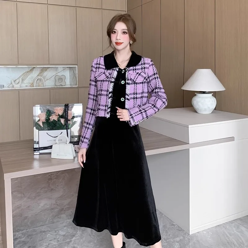 Women\'s Autumn Winter 2023 New Popular Plaid Purple Tweed Coat Korean Fashion Outwear Jacket