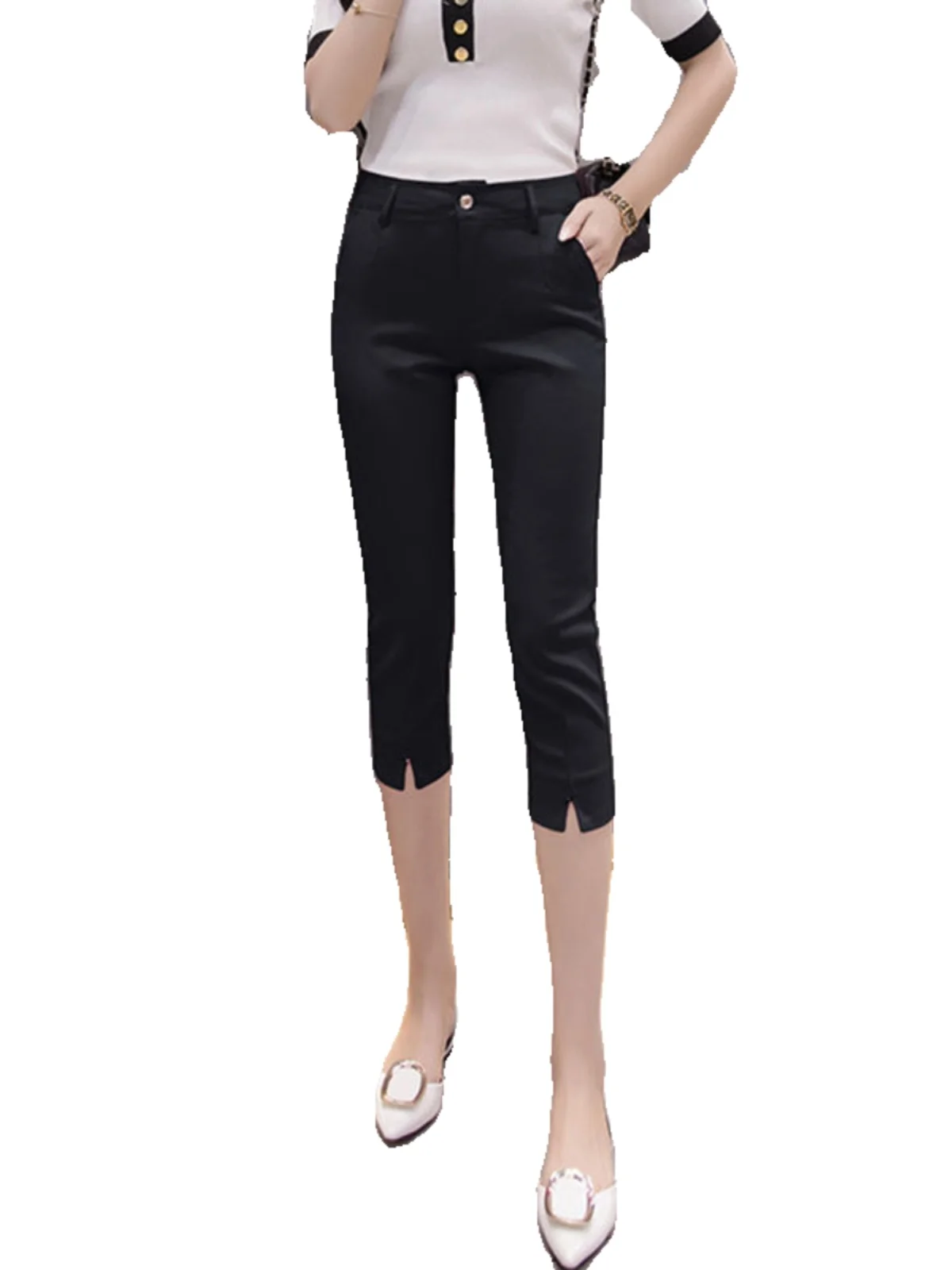 Slim Fit Seven-Foot Pants Women's Summer Thin Small Size Casual Eight-West Pants Black Middle-Pants Slimming Suit Pants