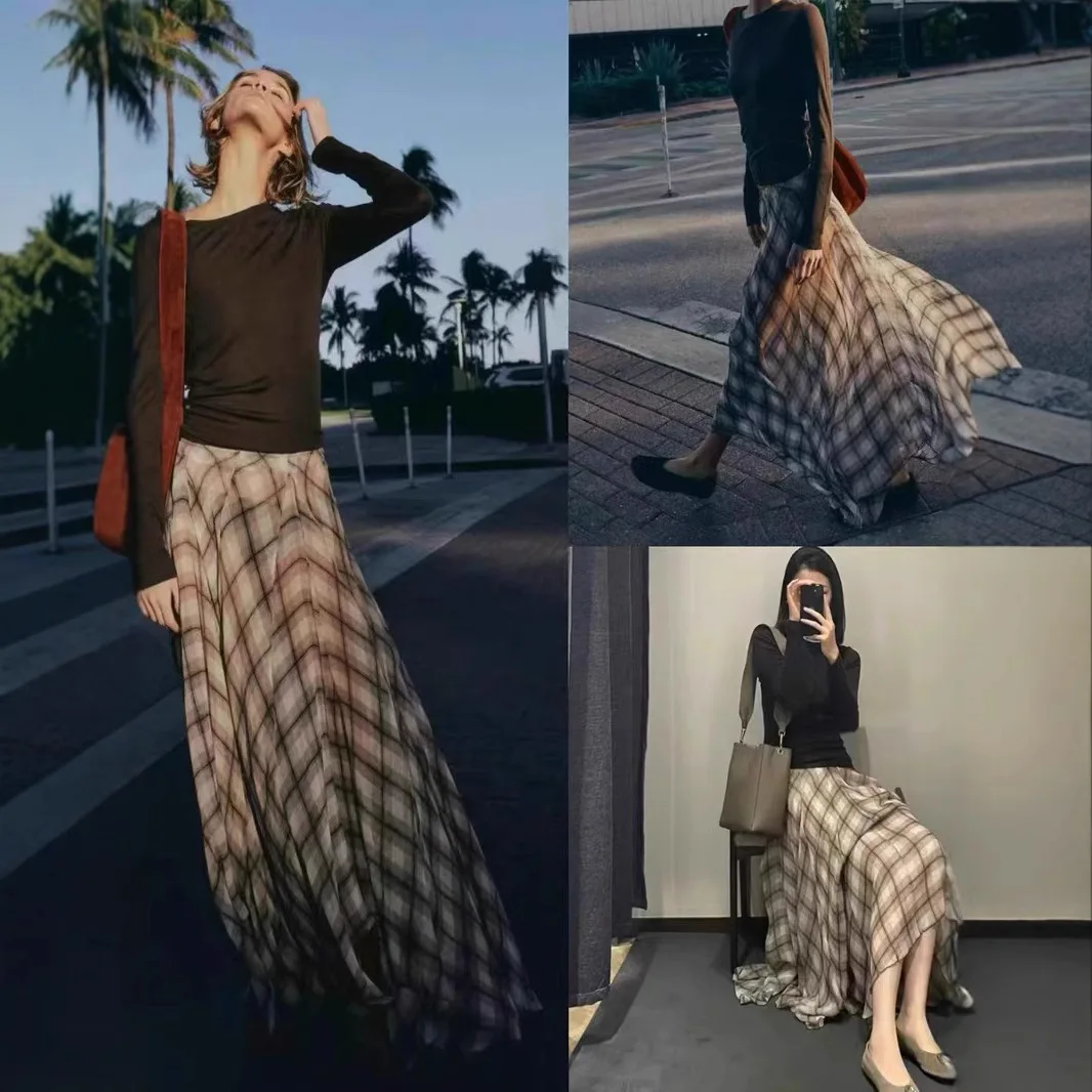 

Woman’s Skirt Spring Summer French Style Irregular Large Hem Vacation Skirt Plaid Flowing Long Skirt Elegant Fairy Skirt