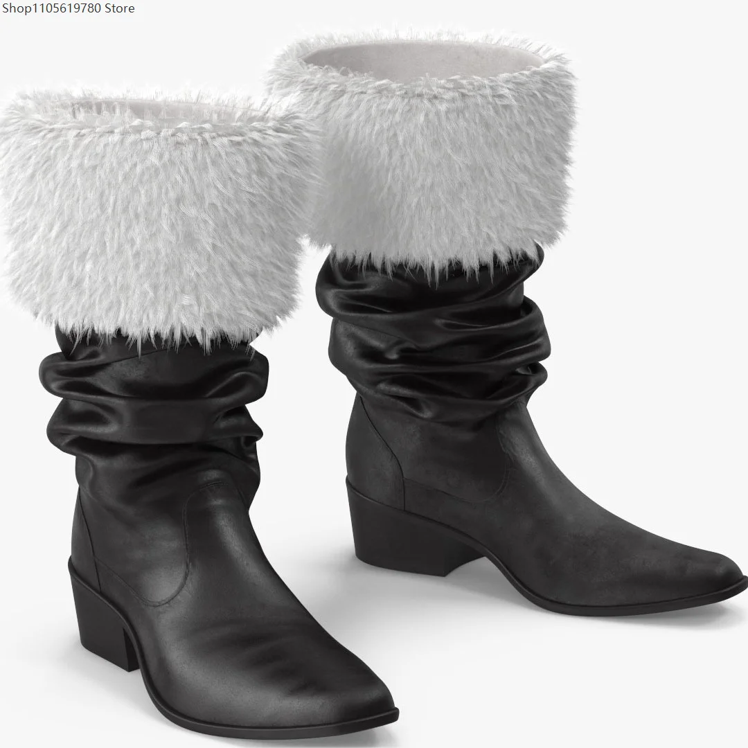 2026 Unisex Black Leather Santa Boots Decorated With White Furry Edge Halloween Christmas Holiday Cosplay Party Costume Footwear 3