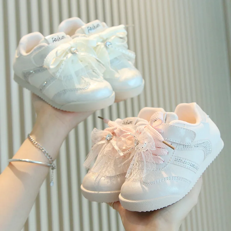 Little Girls Princess Sneakers Lace Bow School Causal Children Sports Shoes Non-slip Lightweight Kids Outdoor Running Sneakers