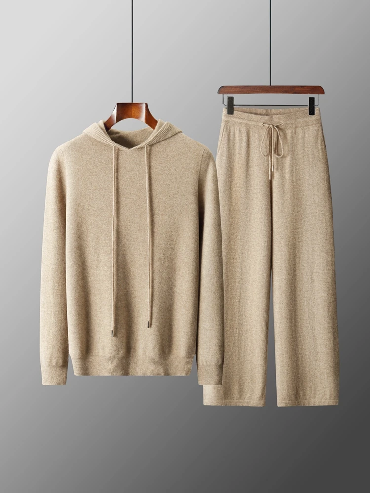 

Men's 100% Merino Wool Two-piece Suit Knitting Hooded Collar Pullover and Wide-leg Pant Autumn Winter Thickened Warm Sweater