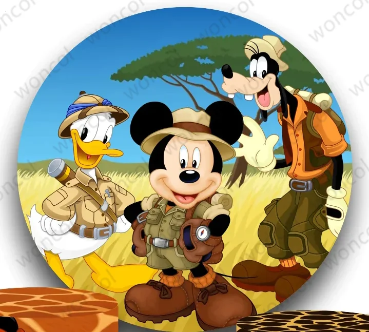Fondo redondo de Mickey Mouse de Safari, telón de fondo de cumpleaños de Mickey Mouse y amigos, cubierta de cilindro Goofy Donald Duck Pluto Minnie Mouse