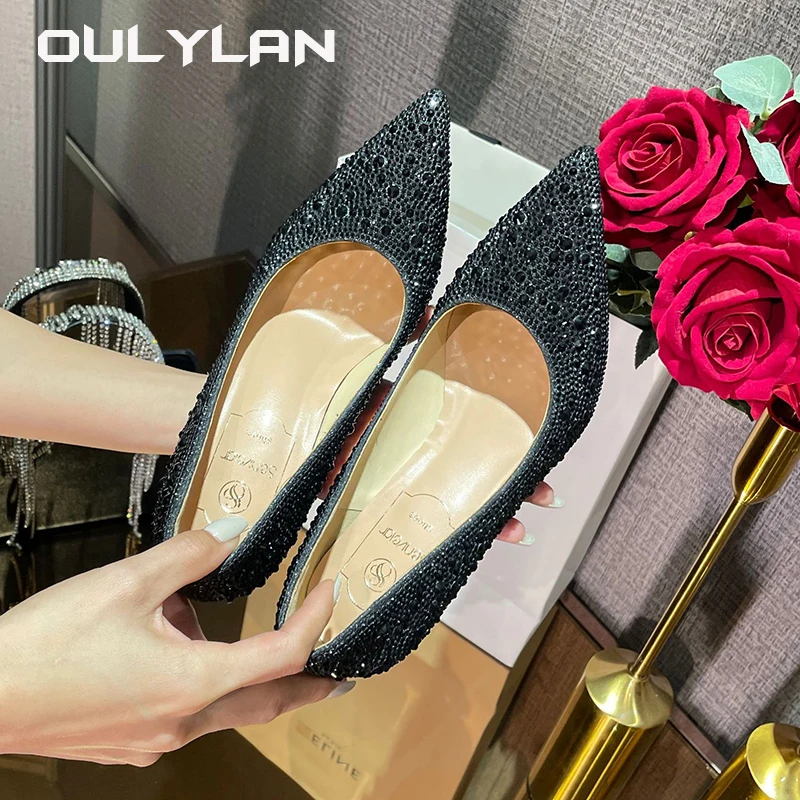 Oulylan Fashion Dress Sexy Wedding Shoes Women Pumps Commuter Office Lady Slender Heel High Heels Pointed Black Rhinestone