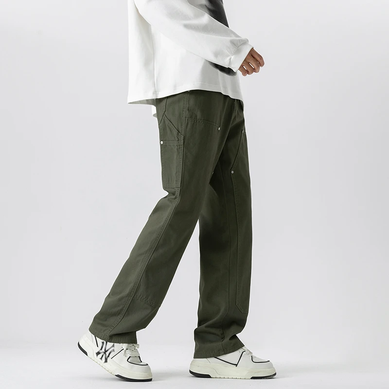 Men's Military Green Casual Pants, Oversized Design with Narrow Straight Leg, Perfect for Spring Outfits