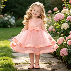 Toddler Beading Baptism Princess Dress for Baby Girls Tulle White Wedding 1st Birthday Bow Party Dresses Christening Kids Clothe