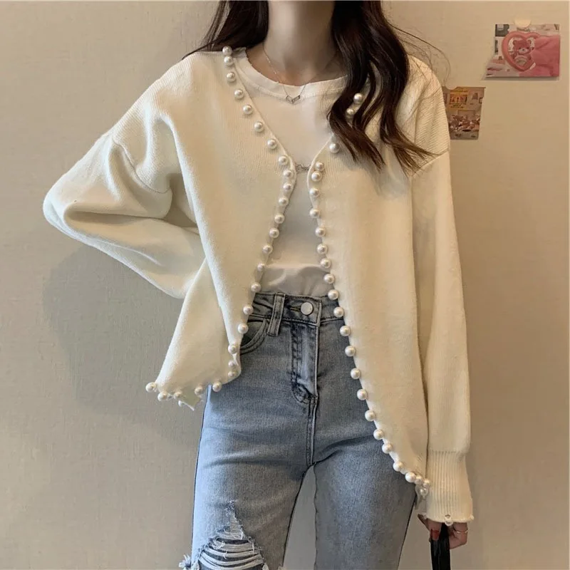 Korean Version Of The Sweater Fashion Trend Pearl Loose Sweater Ladies New Autumn And Winter Long-sleeved Solid Color Cardigan