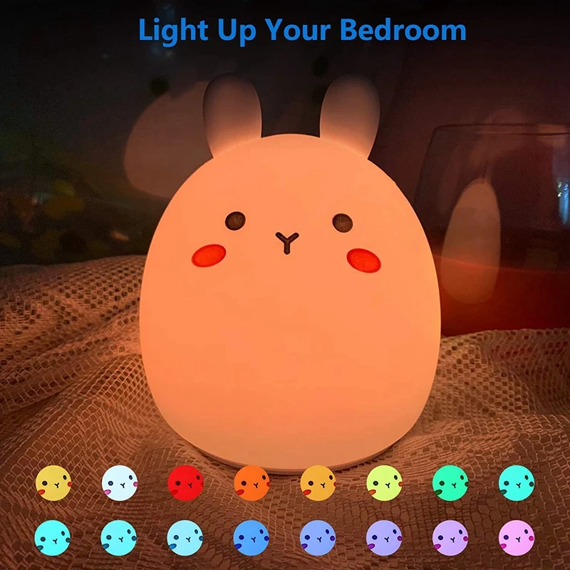 Coelho portátil LED Night Light para crianças, luz bonito do bebê, lâmpada de silicone para criança, mulheres, meninas adolescentes, multi-color