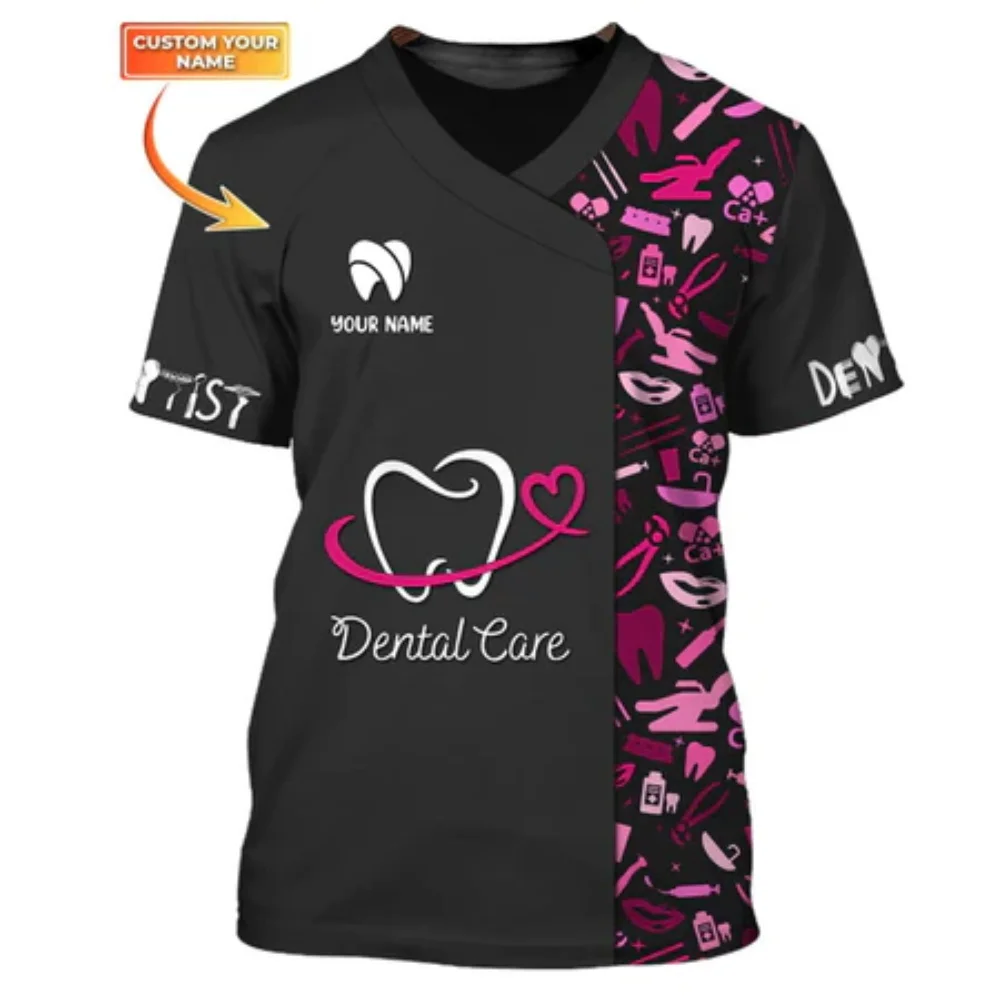 Hot style Harajuku oversized dental tool pattern T-shirt, dental care suit, custom dentist T-shirt