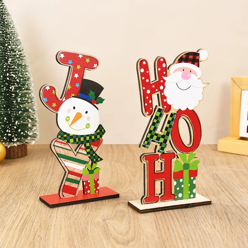 1pc Christmas Wooden Stands Desktop Ornaments Wood Craft Hoho Joy Noel Letters Printed Welcome Stand Christmas Party Decorations