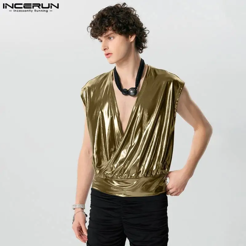 2024 Men Tank Tops Sparkling V Neck Sleeveless Casual Male Vests Streetwear Solid Summer Fashion Men\'s Clothing S-5XL INCERUN