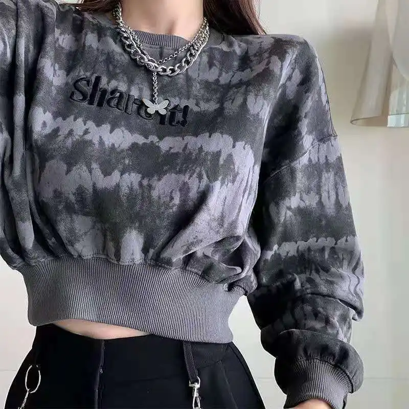 MEXZT Y2K Tie Dye Loose Women Cropped Sweatshirt Pullover Korean Fashion Gothic Letter Tops Lady Fall Casual All-match Clothes