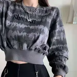 MEXZT Y2K Tie Dye Loose Women Cropped Sweatshirt Pullover Korean Fashion Gothic Letter Tops Lady Fall Casual All-match Clothes