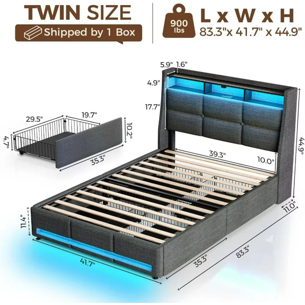 Beds Frame with LED Lights Charging Station,Upholstered Bed Storage Headboard,Drawers,Heavy Duty Wood Slats furniture bunk