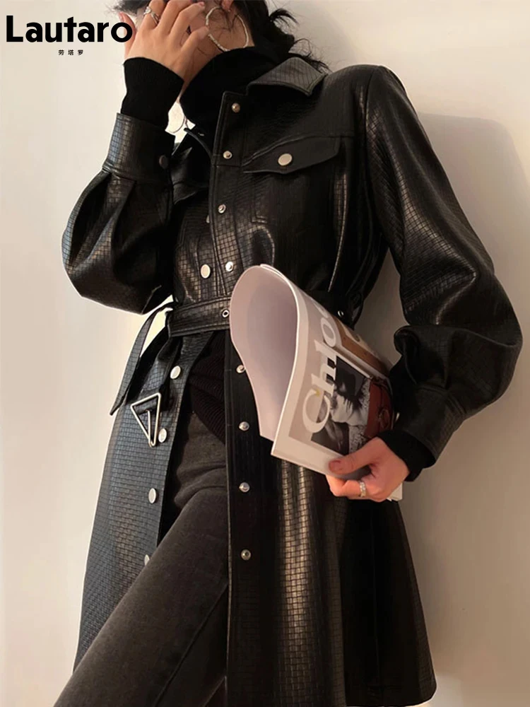 Lautaro Autumn Black Leather Shirt Jacket Women Long Sleeve Belt Pockets Single Breasted Loose Casual Luxury Korean Fashion 2023