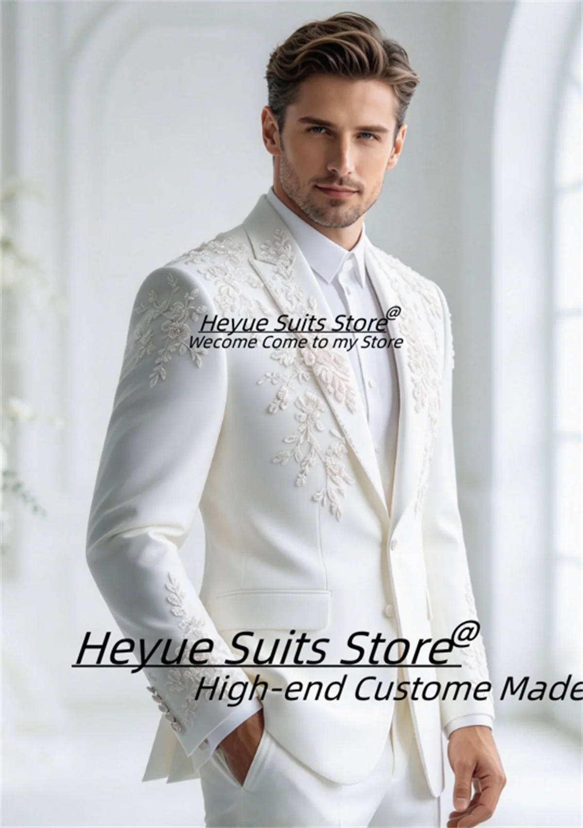 Elegant White Men Suit Customized Ivory Floral Lace Embroidery Peak Lapel Groom Wedding Tuxedo 2 Pieces Sets Costume Homme