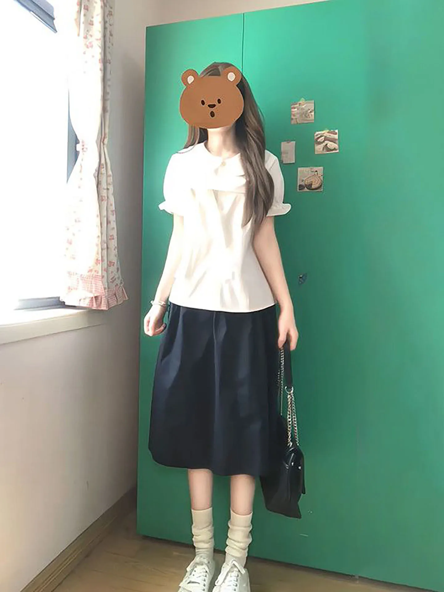 

Summer Sweet Girl Short Sleeve Doll Collar Black Skirt Two-Piece Set Fashionable Casual Wear for Young Women