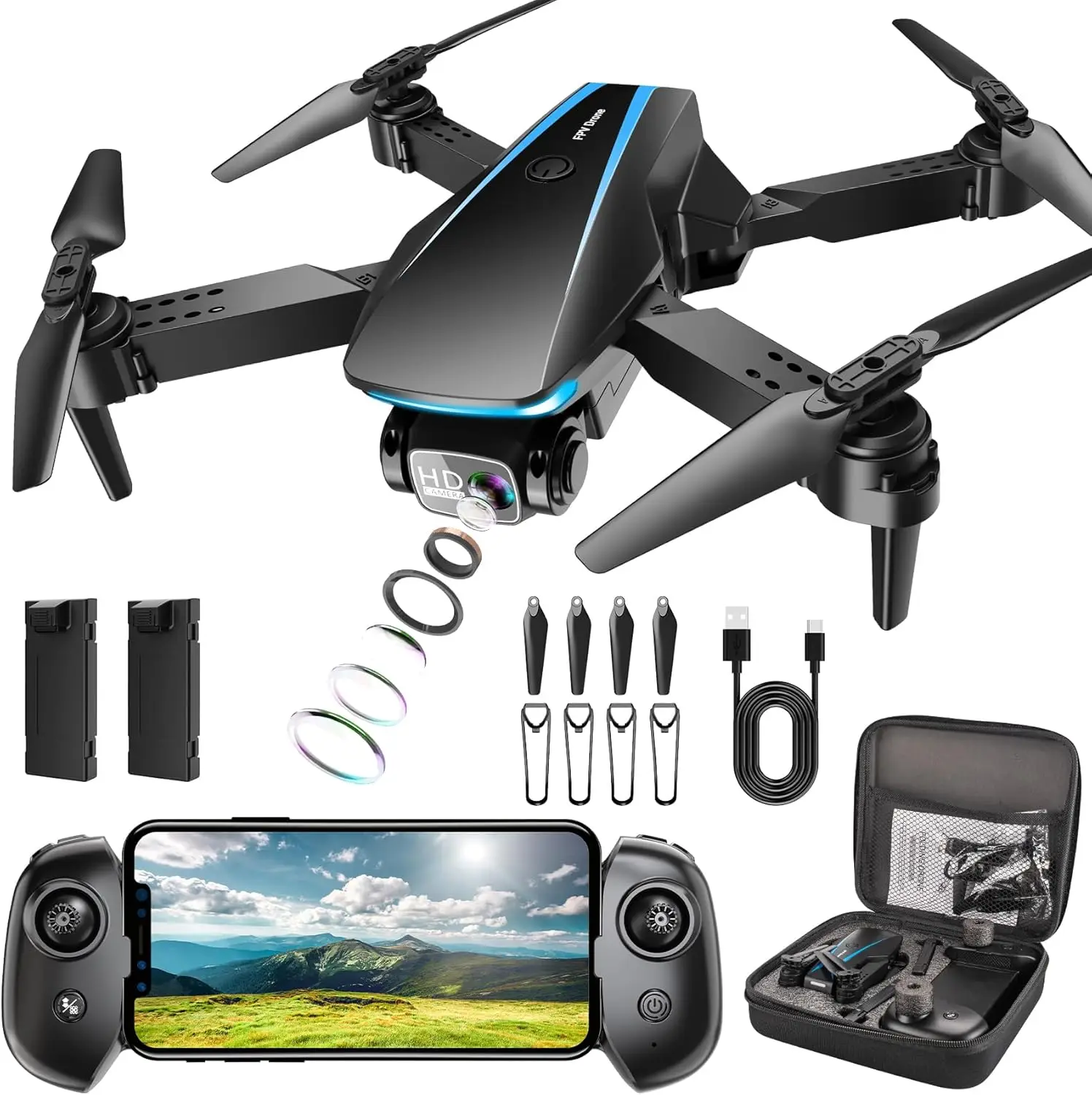 1080P HD Foldable Drone with Camera for Adults, 2 Batteries, Carrying Case, Stable Hover & Trajectory Flight