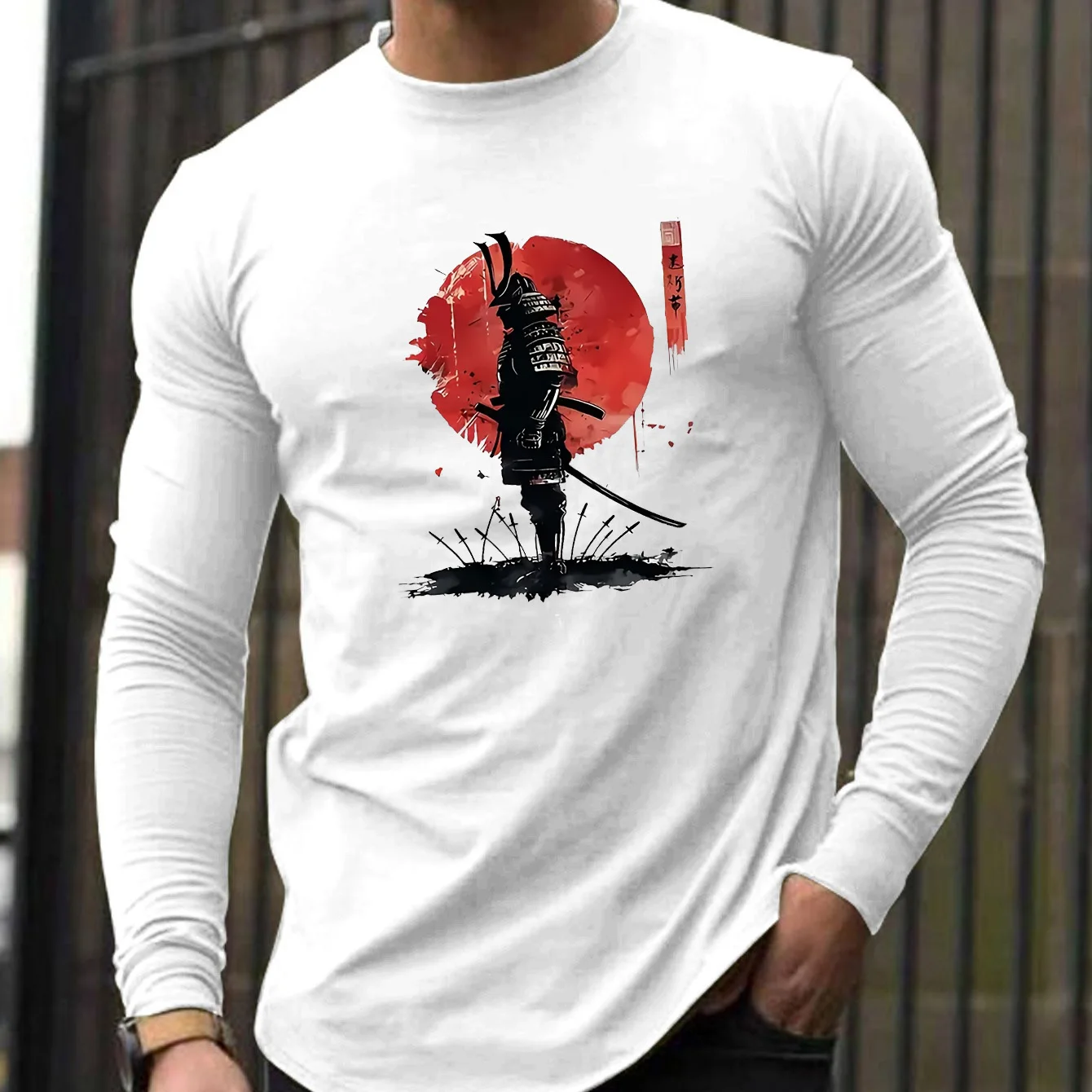 100 Cotton Men's Long Sleeved Round Neck Loose Japanese Samurai Pattern Printed Autumn and Winter Casual Versatile T-Shirt Top