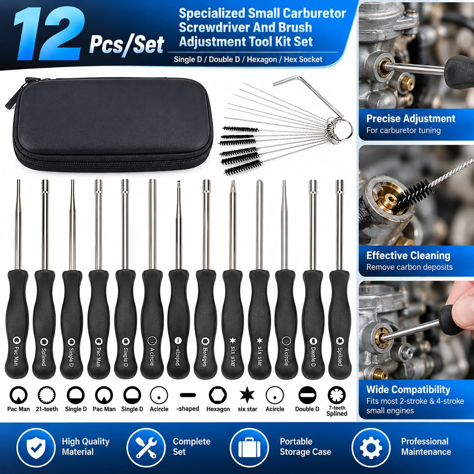 2Pcs Carburetor Adjustment Tool Kit Small Screwdriver Brush Single D Double D Hex Socket Set