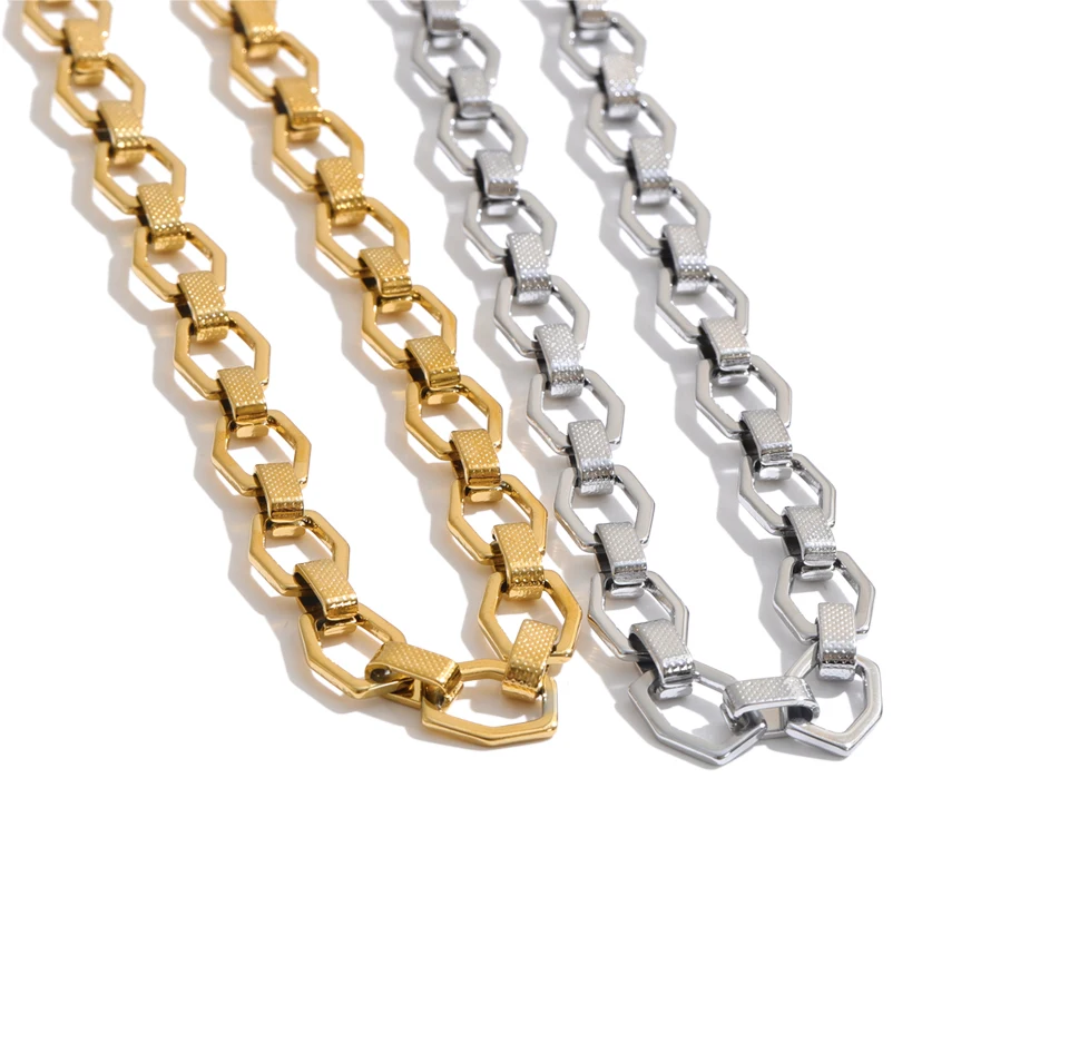 Yhpup Edelstahlkette, modische Halskette für Damen, 18K Goldfarbe, PVD-beschichtet, strukturiertes Metall, Statement-Schmuck – Detail 2