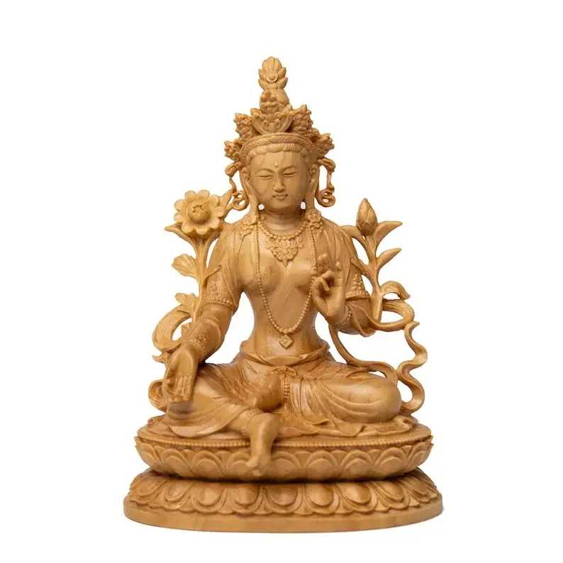 Hand-carved Wooden Buddha Statue, Green Tara, Bodhisattva, Guanyin on, Lotus Base, Craft Ornament