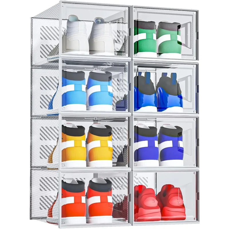 

XX-Large Foldable Shoe Storage Box, 8 Pack Shoe Boxes Clear Plastic Stackable, Shoe Organizer for Closet , Sneaker Storage