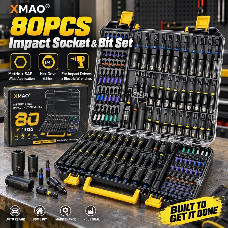 80PCS Impact Socket Bit Set Metric SAE CR-V Nut Driver S2 Bits 1/4in Hex Adapters Extension Bars for Drill Electric Wrench