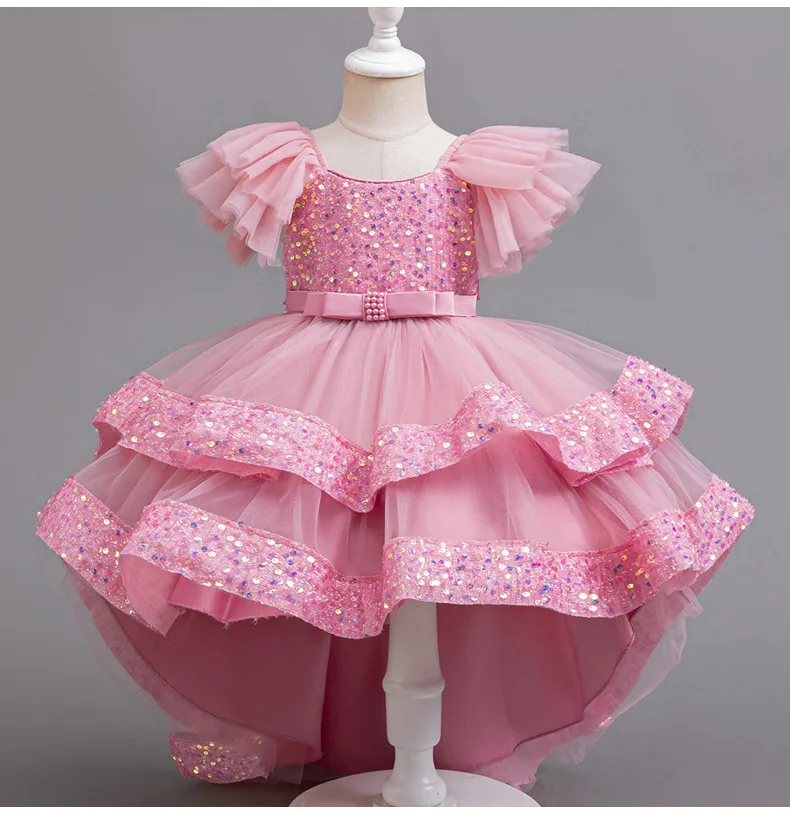 3-10 year old girl new year dress sequins, small flying sleeve trailer tail skirt net gauze cake dress dress girl party dress