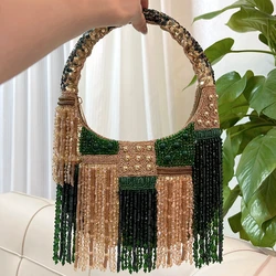 DOYUTIG Brand Indian handmade beaded tassel handbag beaded sequined one-shoulder underarm suede crescent handbag N027