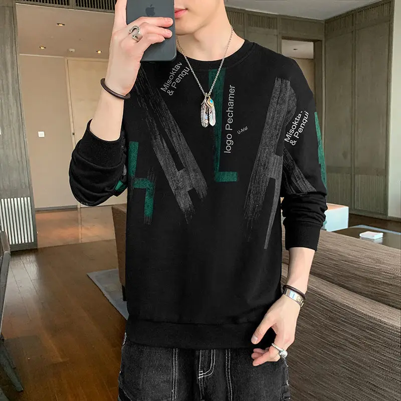 2023 New Spring and Autumn Men's Fashion Trend Round Neck Printed Youth Loose Casual Bottom Shirt Oversize Versatile Sweater