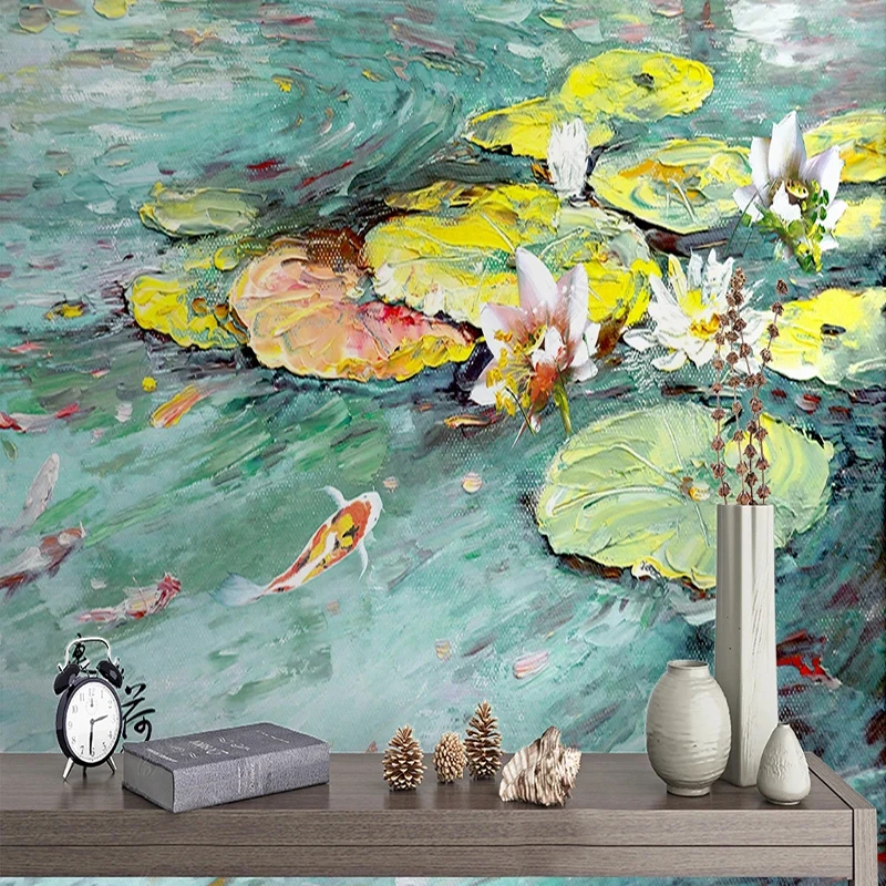 Custom Wallpaper Retro Oil Painting Lotus Pond Carp Mural Background Wall Painting Living Room Bedroom 3D Sticker Home Décor