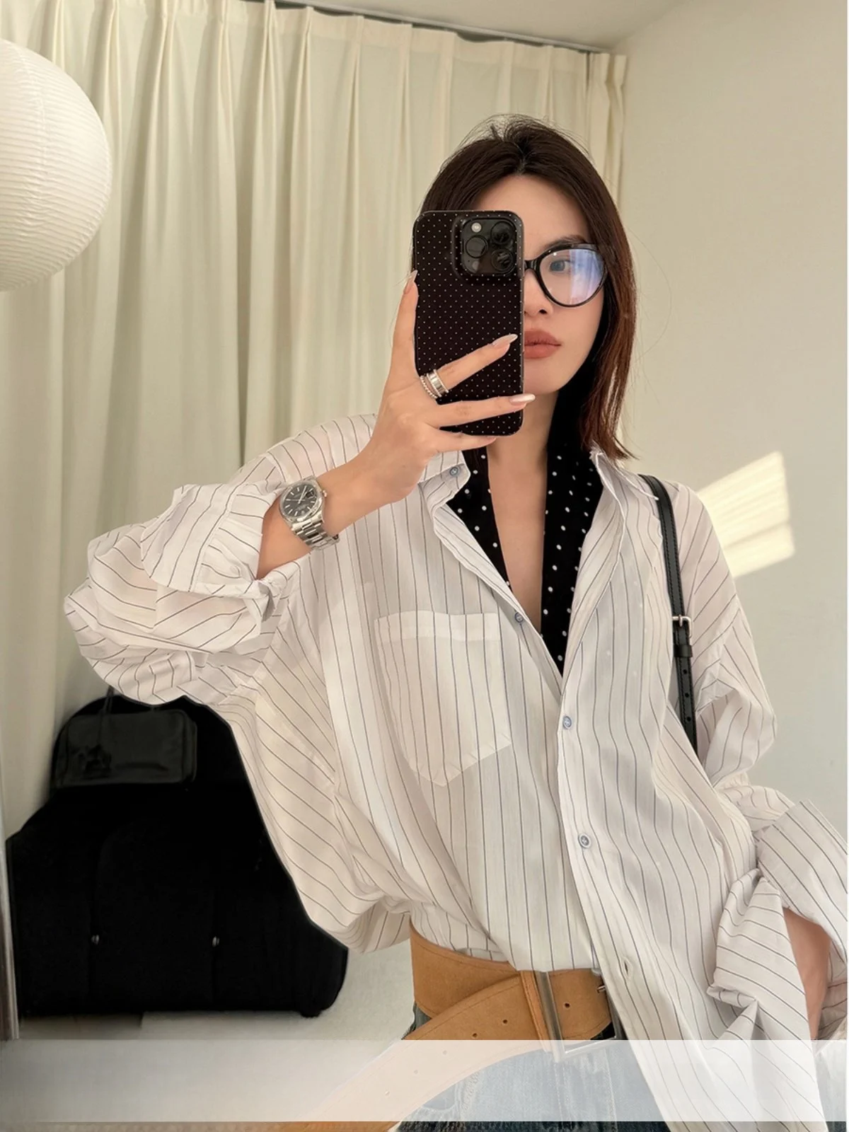 

Женская свободная рубашка MUCCHIC с длинным рукавом в полоску из смесового хлопка: комфортная, дышащая, универсальная