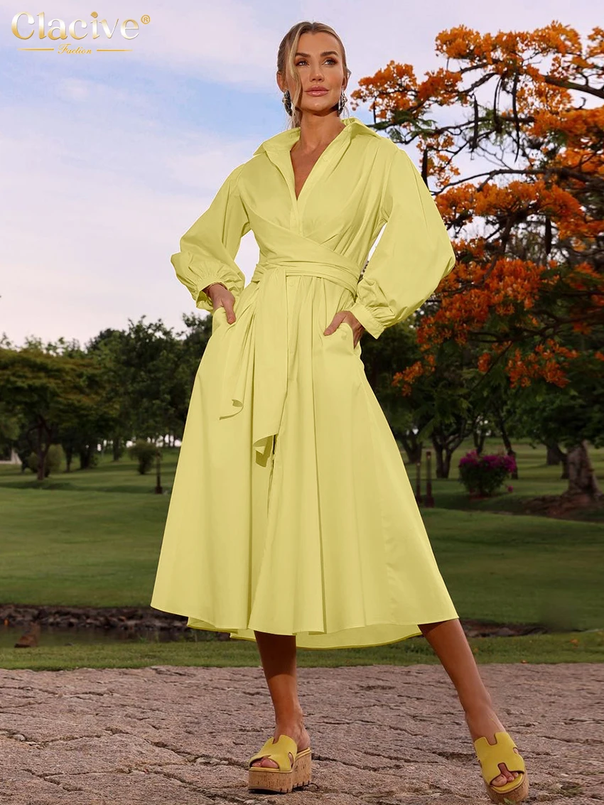 

Clacive Fashion Loose Yellow Cotton Women Dress 2025 Casual Lapel Long Sleeve Midi Dresses Elegant Classic Lace-Up Female Dress