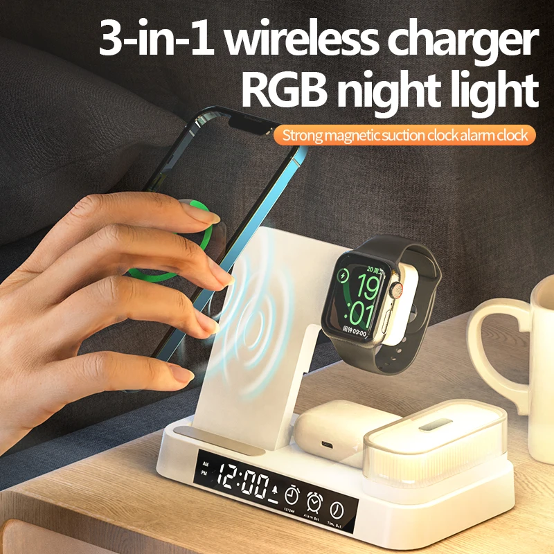 3 In 1 Wireless Charger 30W Stand Pad Alarm Clock Night Light Fast Charging Station Dock For iPhone Watch IWatch